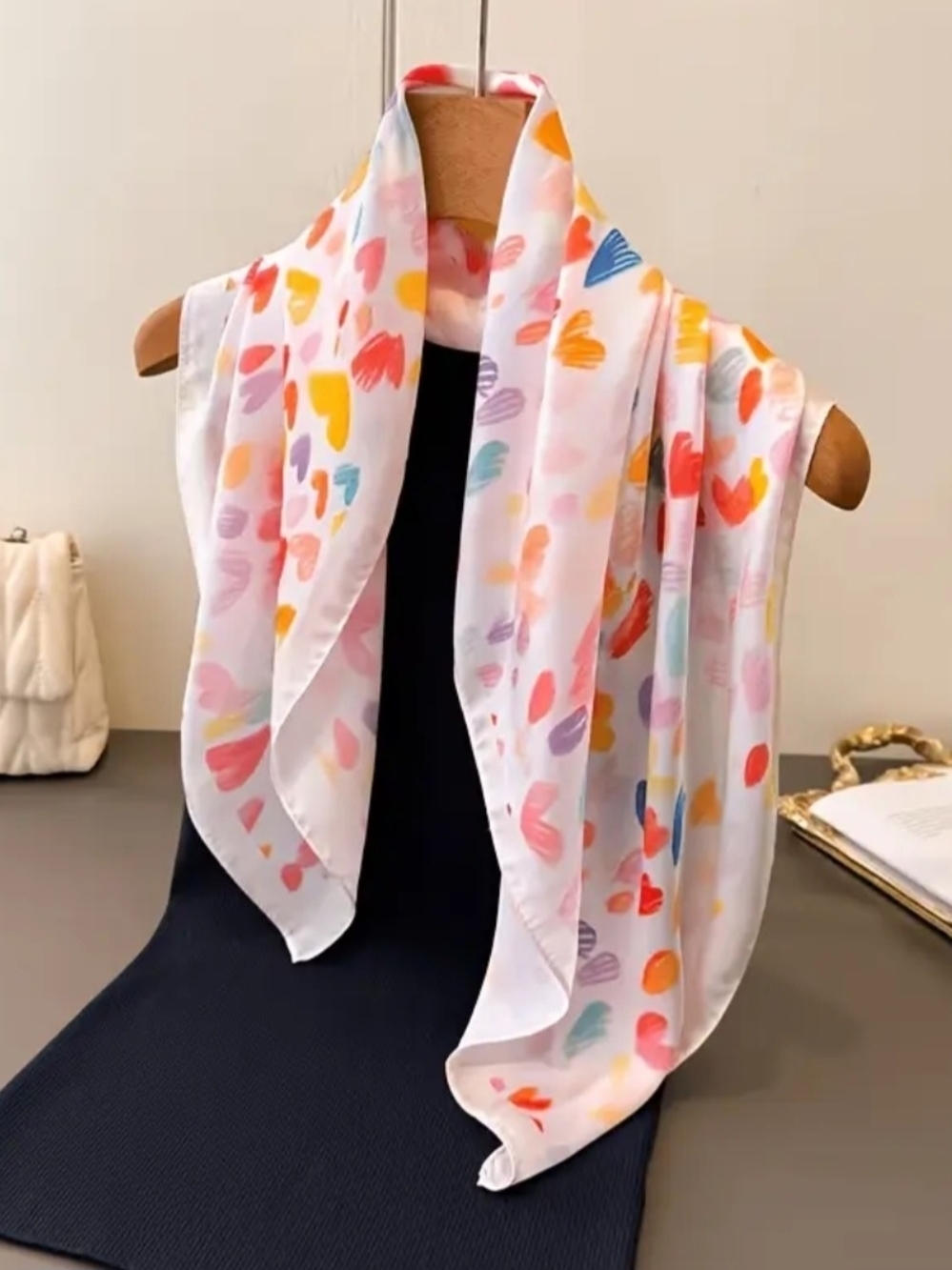 Silk- FeelHeart Multicolor Pattern Women Scarf , Head Scarf Neck Scarf - Picture 4 of 5
